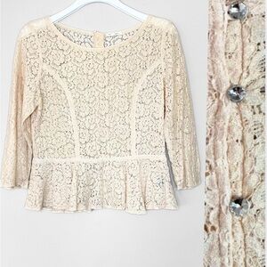 Cottagecore Women L Lace Peplum Top with Faux Diamond Buttons Ivory Victorian